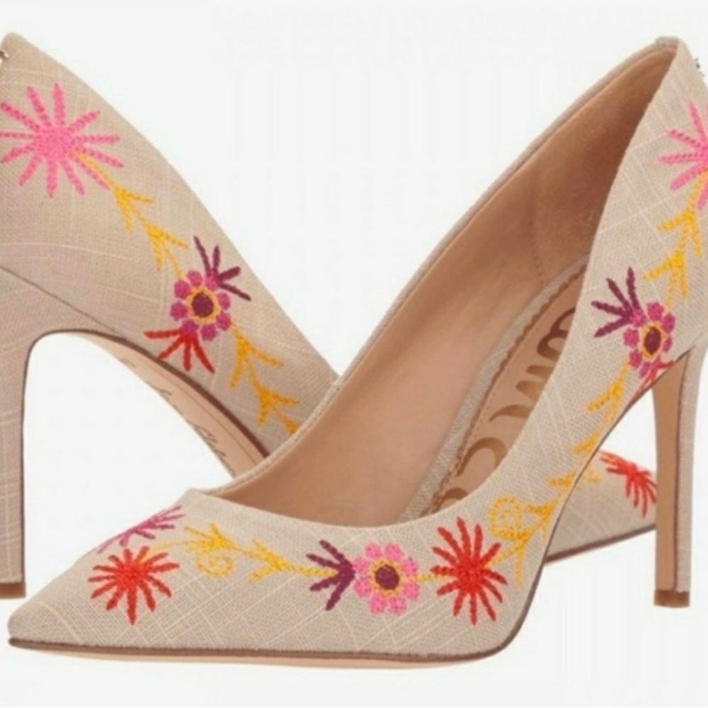 Floral Embroidered Beige Heels
